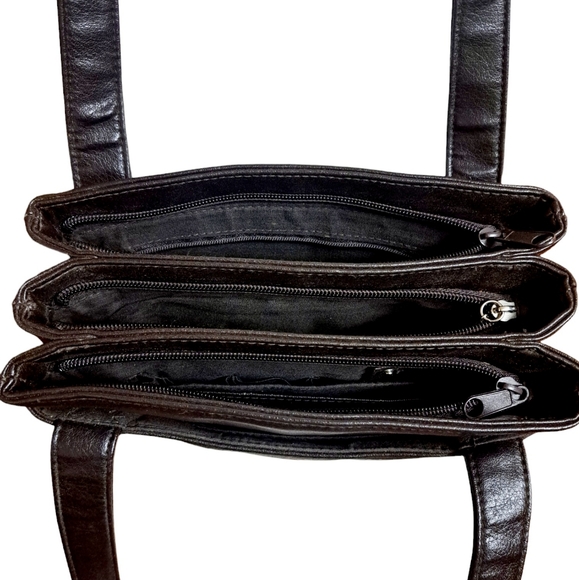 Vtg Rosetti Purse Handbag Shoulder bag Brown Faux Leather Triple Zip Inserts - Picture 8 of 10